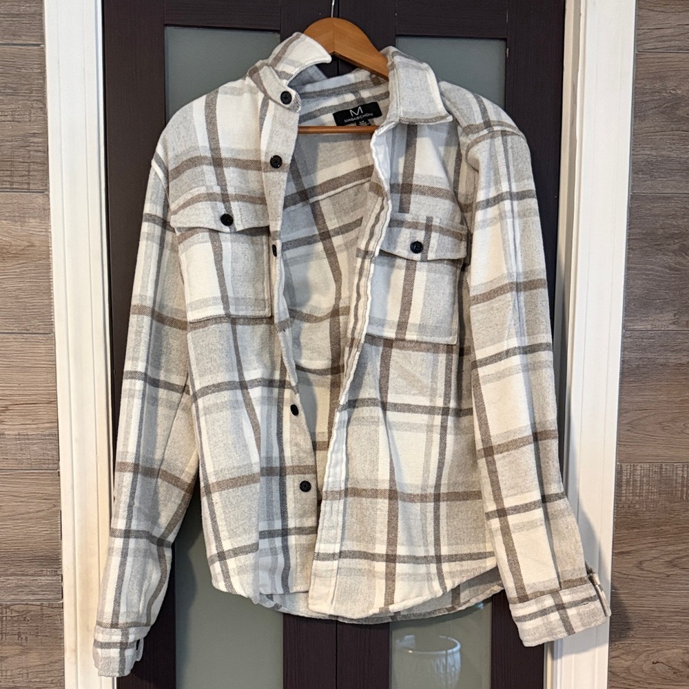 Magaschoni Cream and Brown Plaid Shirt